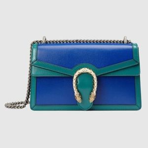 Gucci Horsebit Shoulder Bag Turquoise Blue Antique Gold Tiger Head Leather